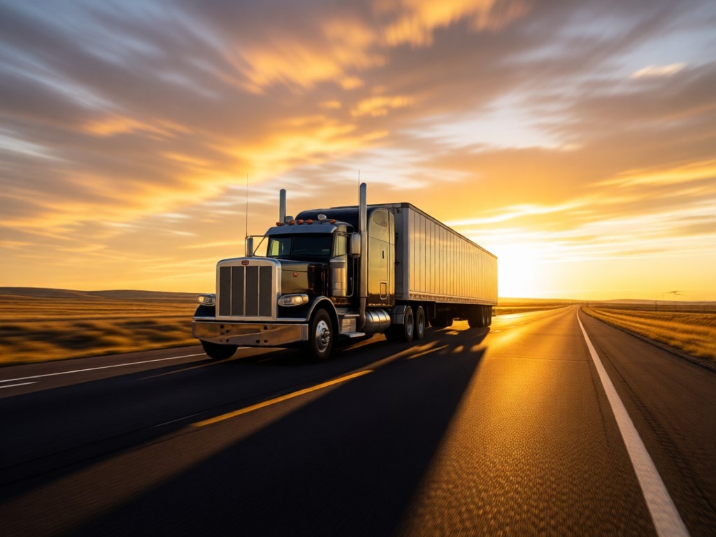 Single Peterbilt truck on open highway during golden hour. Long shadow stretches across asphalt symbolizing journey and reliability. Vast sky dominates frame. No people.
