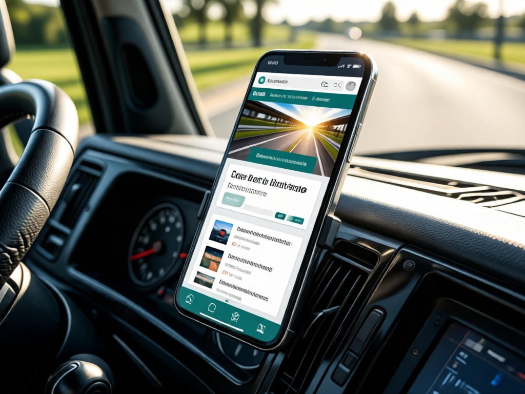 A smartphone displaying a driver's portfolio website on a truck dashboard. Sunlight glints off the screen. No people.