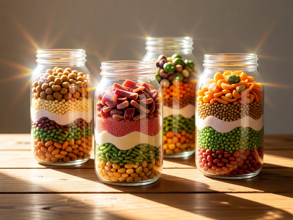 Stylish glass jars filled with colorful pet food ingredients layered like sand art. Soft sunlight creates glowing halos around each jar on a reclaimed wood surface. Ingredients include kibble, dehydrated meats, and dried vegetables. No people.