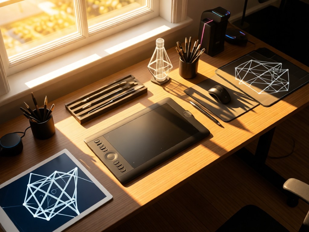 Aerial view of a gaming desk with neatly arranged tools: graphic tablet, stylus, and wireframe models. Golden hour light streams through window, casting long artistic shadows. The composition symbolizes organization and creativity. No people.