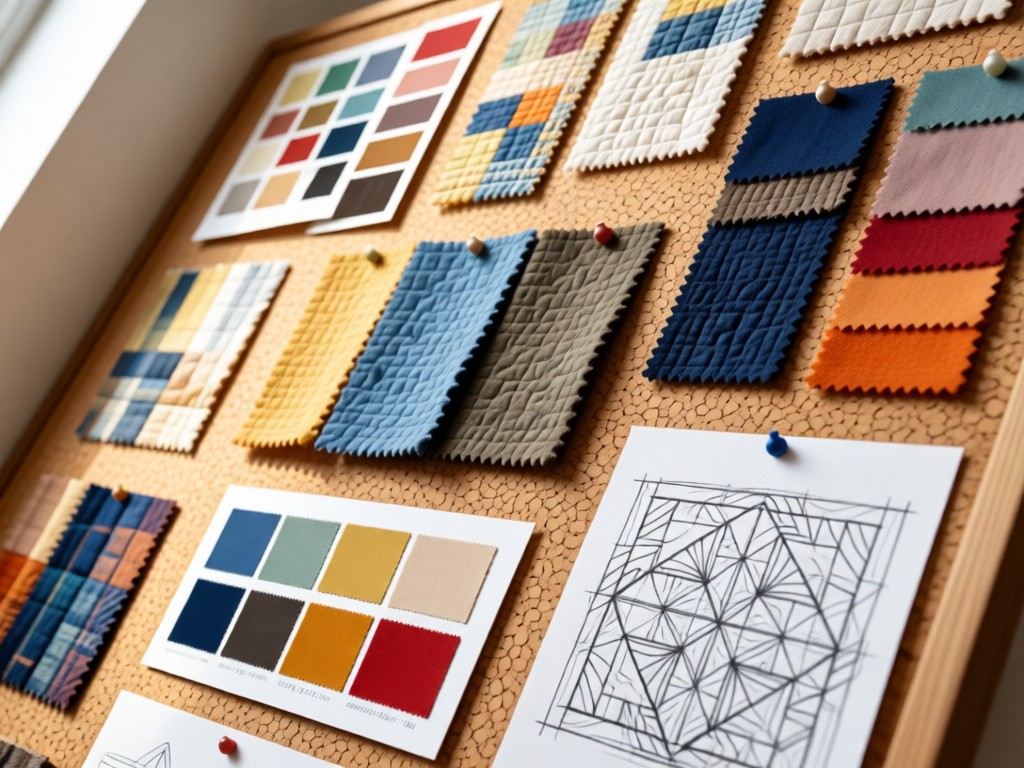 Angled view of a design moodboard with fabric swatches pinned to cork. Color palettes and quilt sketches visible. Soft natural light highlights textures. Artistic arrangement. No people.