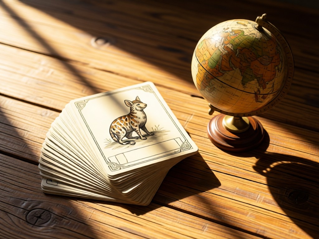 Stacked educational flashcards featuring animal illustrations beside a vintage globe. Sunlight streaming across a rustic wooden surface. No people.