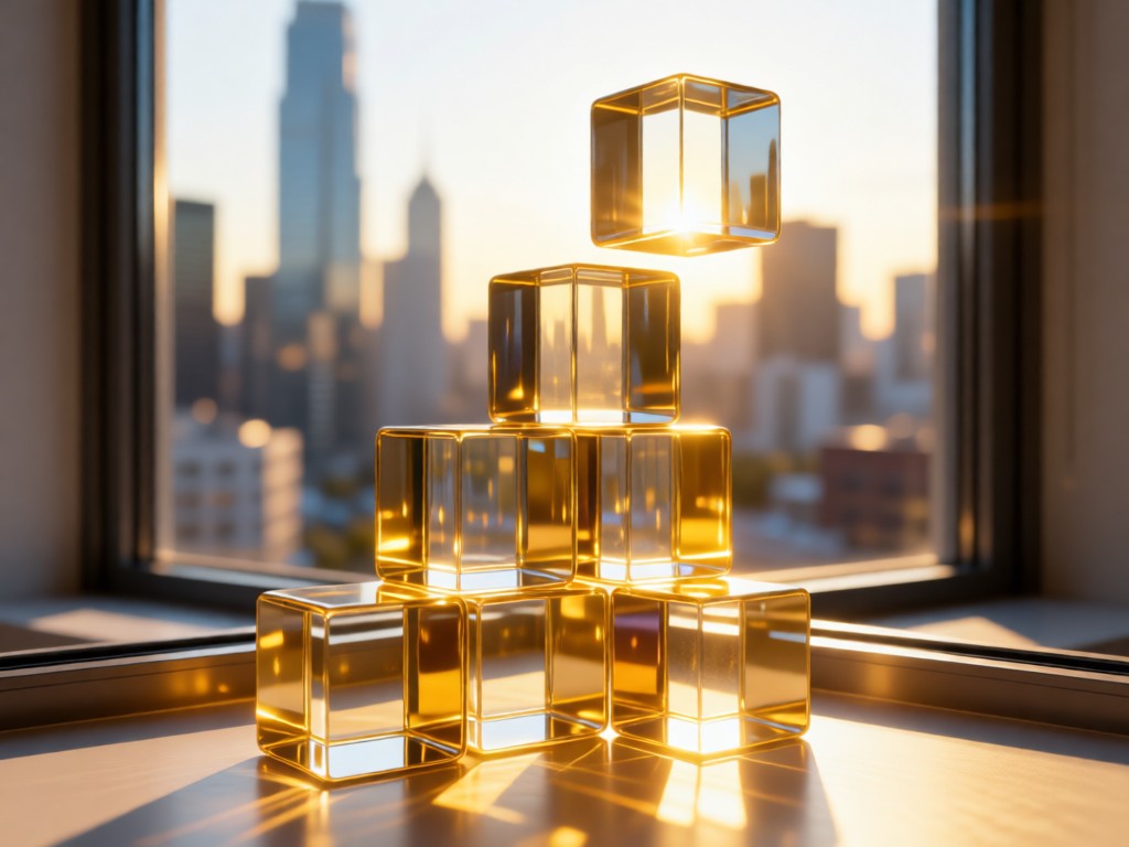 Abstract glass cubes stacking upward on a sunlit windowsill. Golden light creates glowing edges, symbolizing growth and transparency. Blurred cityscape in background. No people.