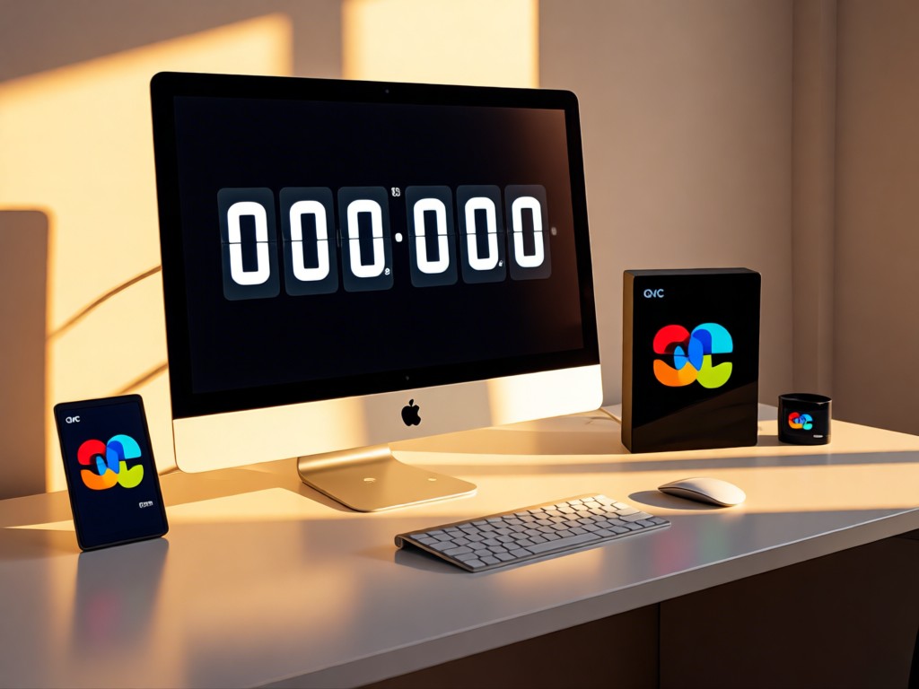 A desktop monitor displaying a digital countdown timer beside QVC branded products. Warm afternoon light creates long shadows on a clean workspace. No people.