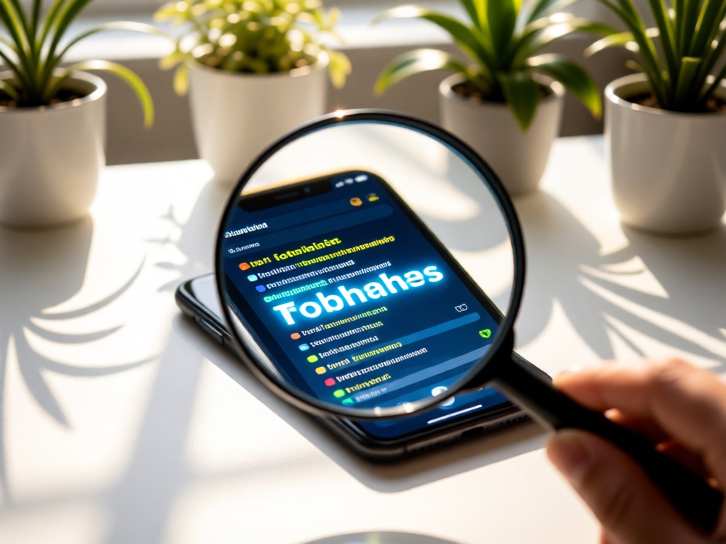 A magnifying glass focusing on a glowing smartphone screen showing trending keywords. Sunlight filters through nearby plants onto a clean white surface. Shallow depth of field. No people.