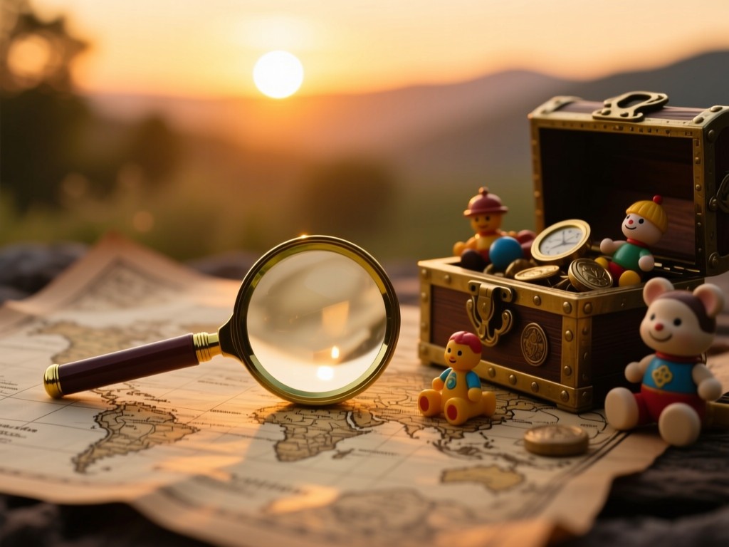 A magnifying glass resting on an antique treasure map beside vintage toys during sunset, soft golden glow, symbolic of discovery, shallow focus, no text.
