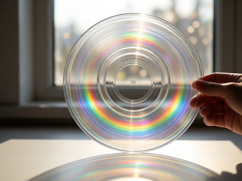 A single rare translucent vinyl record held against a sunlit window. Rainbow light refracts through the grooves onto a minimalist surface. Shallow depth of field emphasizes texture. No people.