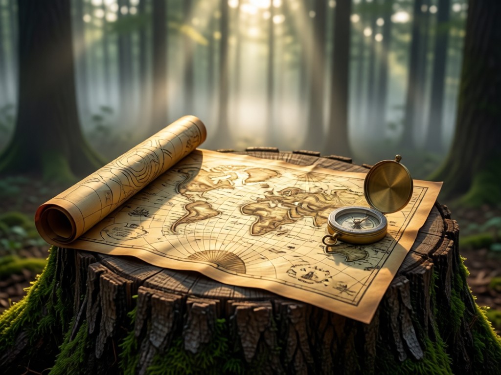 Vintage map unfurled on tree stump with brass compass. Sunlight highlighting topographic contours. Mist rising in background forest. Adventure aesthetic.