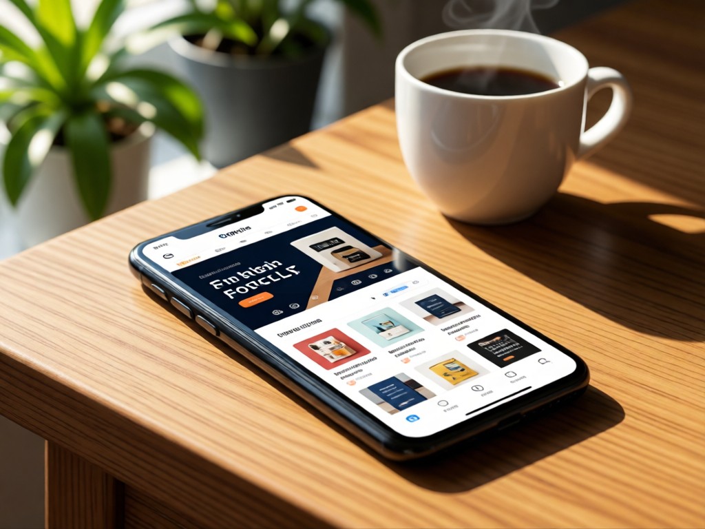 A smartphone resting on a wooden table displaying a retail portfolio website. Background shows a coffee cup and plant. Natural side lighting. No people.