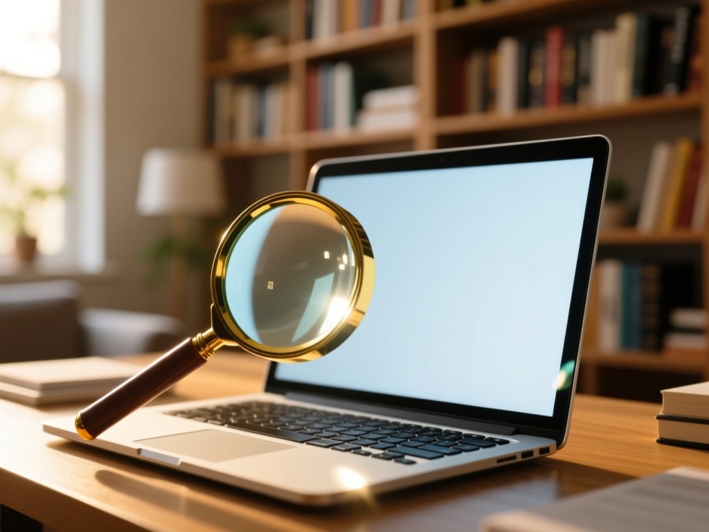 A magnifying glass focusing on a glowing laptop screen in a sunlit home office. Bookshelves in soft focus background. No people.