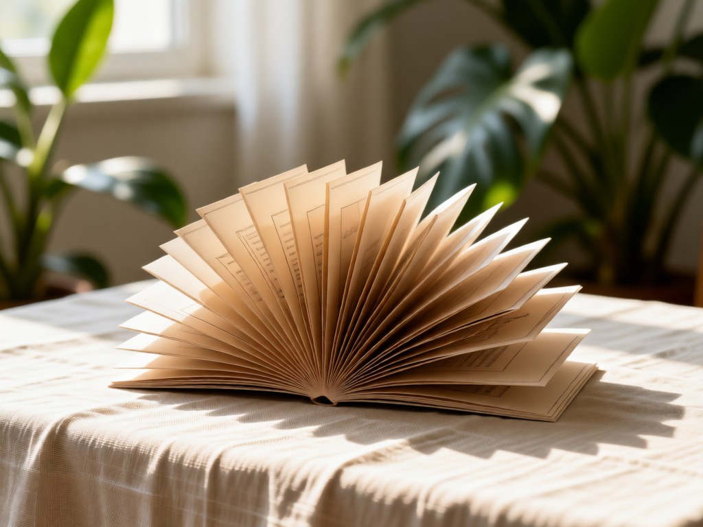 A stack of elegant, thin patient brochures fanned out on a linen tablecloth. Soft focus background with leafy plants. Natural morning light. No people.