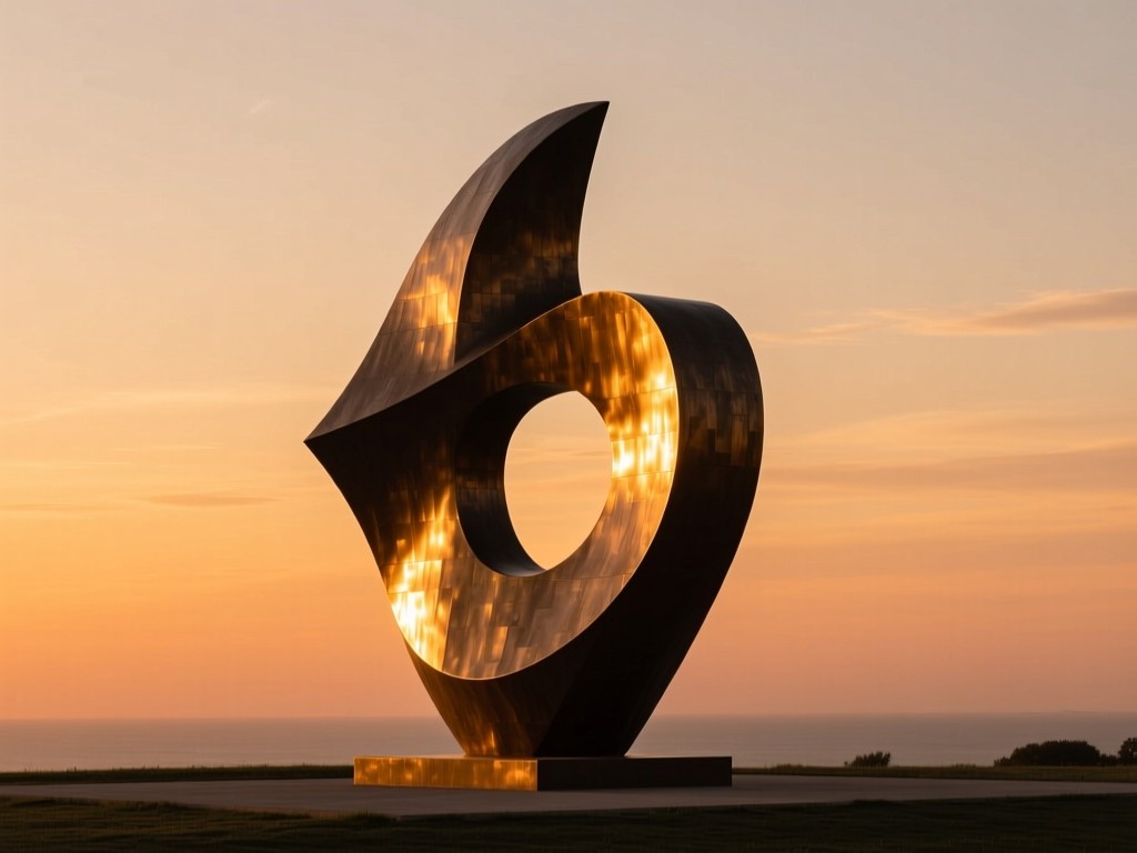 A single contemporary sculpture silhouetted against sunset sky, bronze surface glowing golden, symbolic of artistic impact, open negative space, warm tones.