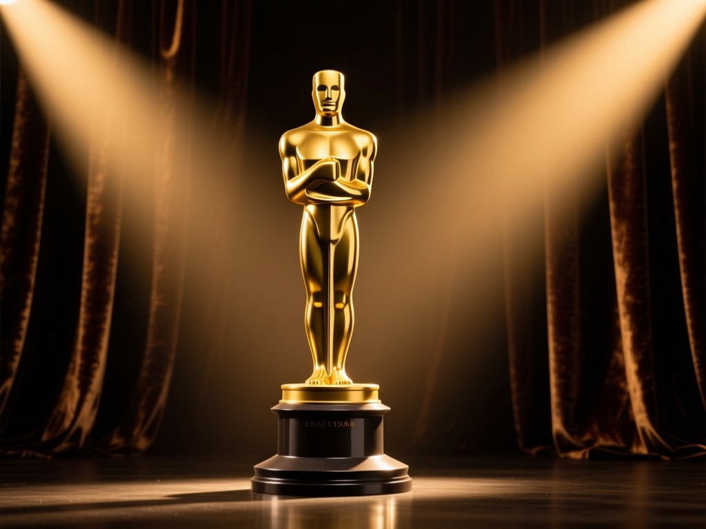 A single spotlight on an empty Oscar statuette against dark velvet at golden hour, radiating warm glow, minimalist composition symbolizing prestige and focus, no people.