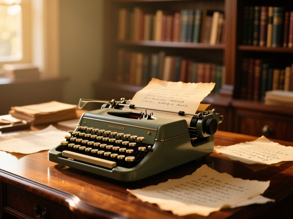 A vintage typewriter on a mahogany desk during golden hour, sunlight illuminating scattered parchment papers with handwritten notes, soft focus background with bookshelves, warm natural lighting, no people.