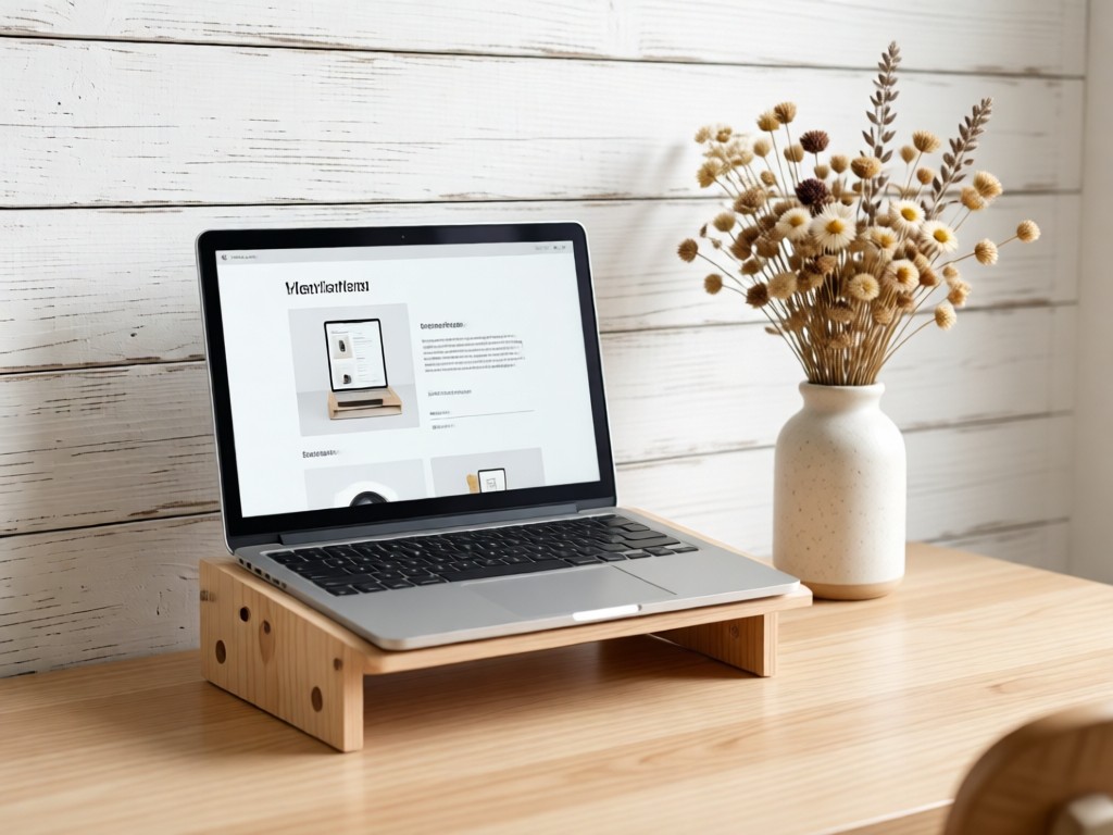 A clean desk with birchwood laptop stand holding a device showing a minimalist portfolio. Next to it, a simple ceramic vase with dried wildflowers against a whitewashed wood wall. Soft diffused light. No people.