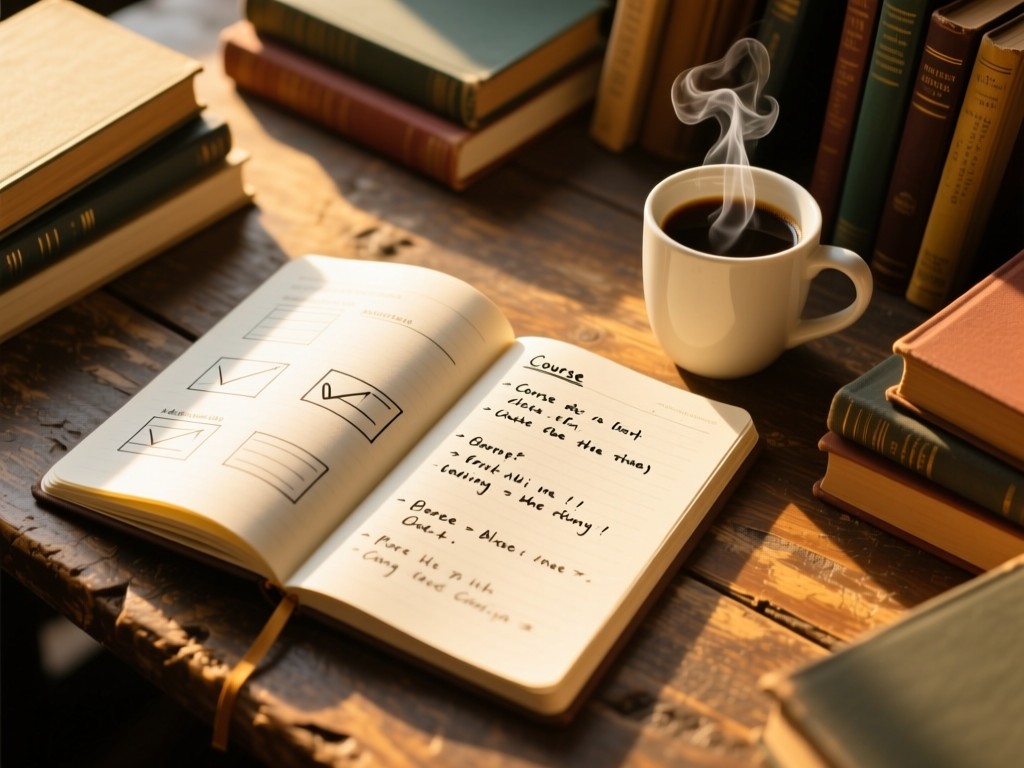 Aerial view of an open notebook with handwritten course outlines, surrounded by textbooks and a steaming coffee mug on a rustic desk. Golden hour light highlights the paper texture. Represents organization and clarity. No people.