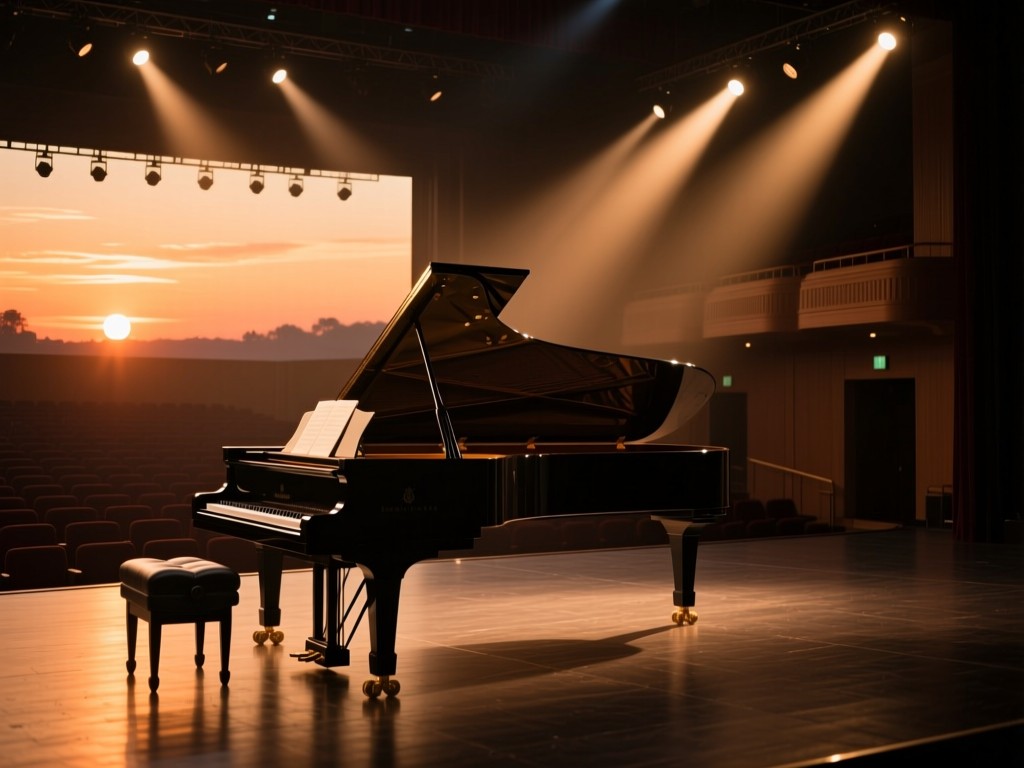A grand piano in an empty concert hall during sunset, stage lights creating warm beams, symbolizing artistic growth, high contrast with deep shadows, no people.