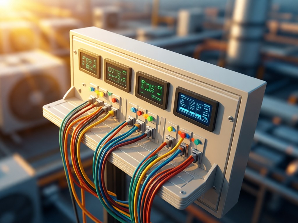 Aerial view of a modern HVAC control panel with clean wiring and digital displays. Golden sunlight accents the engineering precision against a blurred industrial background. Symbolizes integrated solutions. No people.