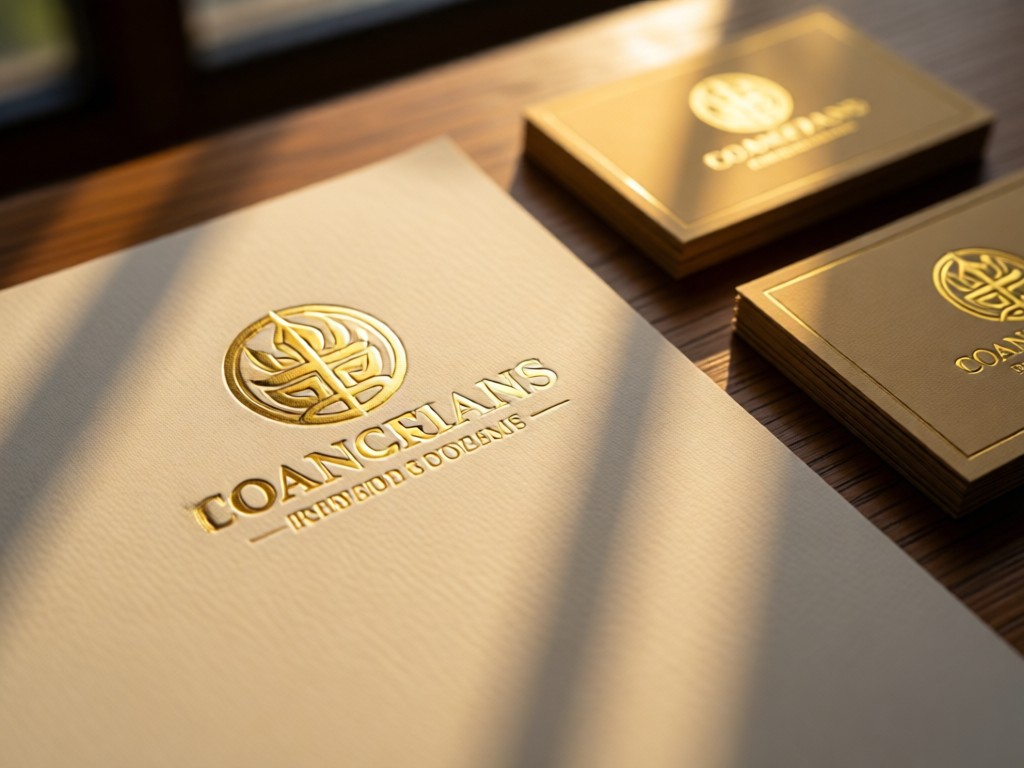 Close-up of embossed company logo on premium letterhead beside matching business cards. Warm gold foil reflects afternoon light. Shallow depth of field.