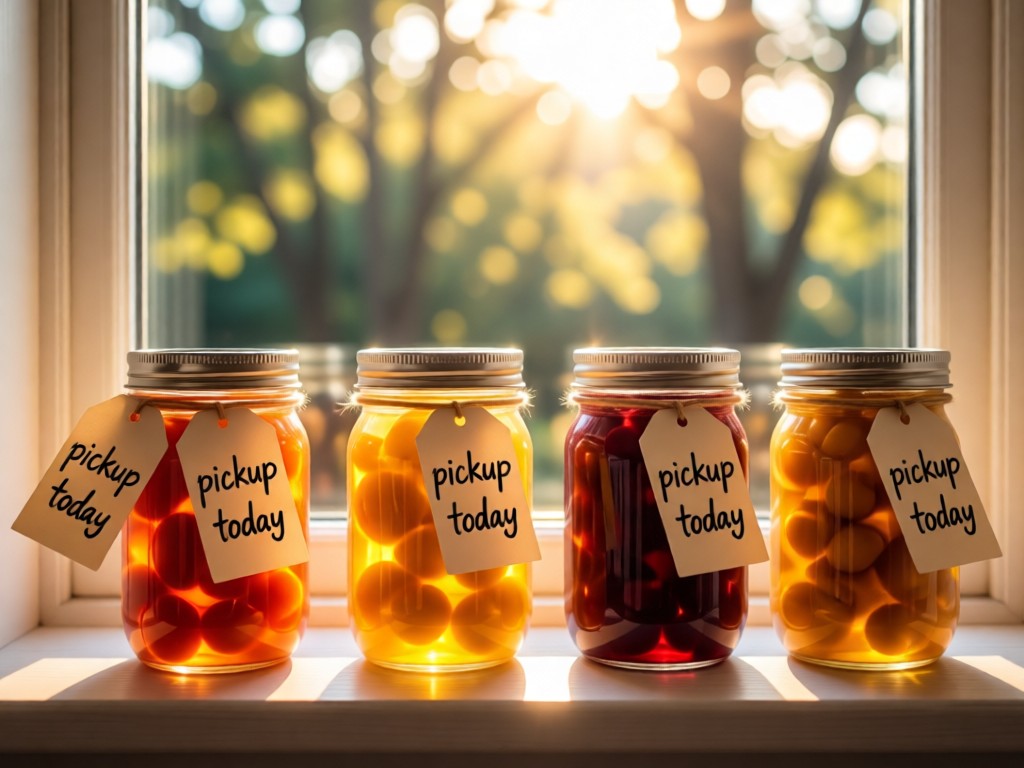 Artistic arrangement of handwritten 'pickup today' tags tied to mason jars of organic preserves on a sunlit windowsill. Soft bokeh of outdoor trees. Morning glow. No people.