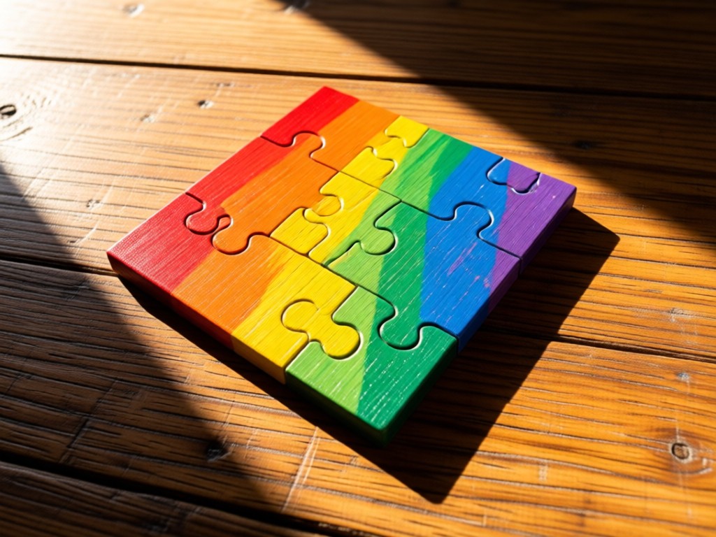 Overhead shot of interlocking wooden puzzle pieces painted in Pride colors on a rustic table. Warm sunlight creates long shadows. No people.