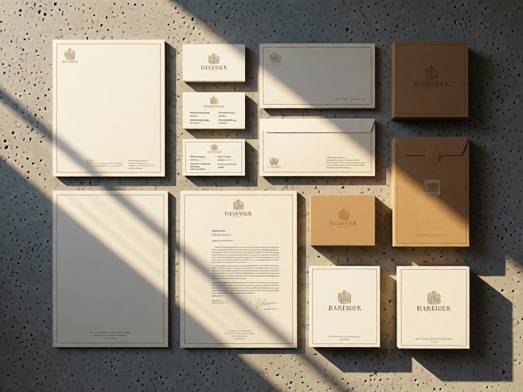 A neatly arranged grid of premium printed materials: business cards, letterheads, and packaging samples on a textured concrete surface. Morning light highlights paper textures.