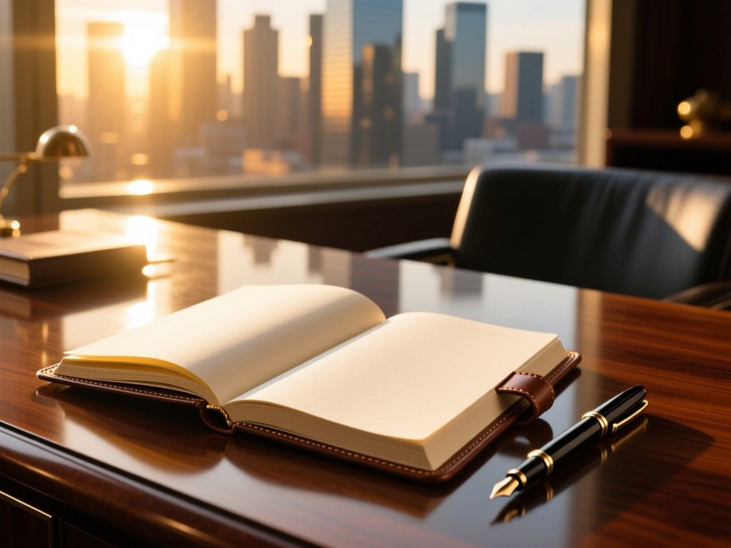 An open leather-bound notebook and fountain pen on a mahogany desk during golden hour, sunlight illuminating blank pages, abstract cityscape reflection in background, professional ambiance, no text.