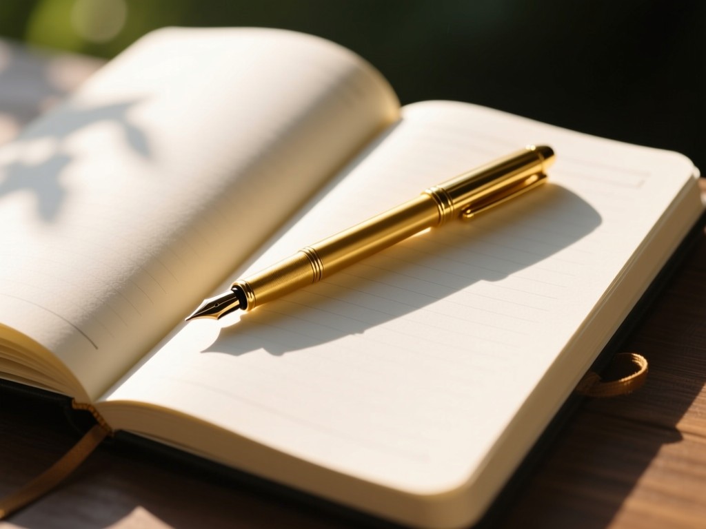 An open notebook with a gold pen casting a long shadow on blank pages. Morning sun illuminates the scene. Symbolizes organized content creation. No people.