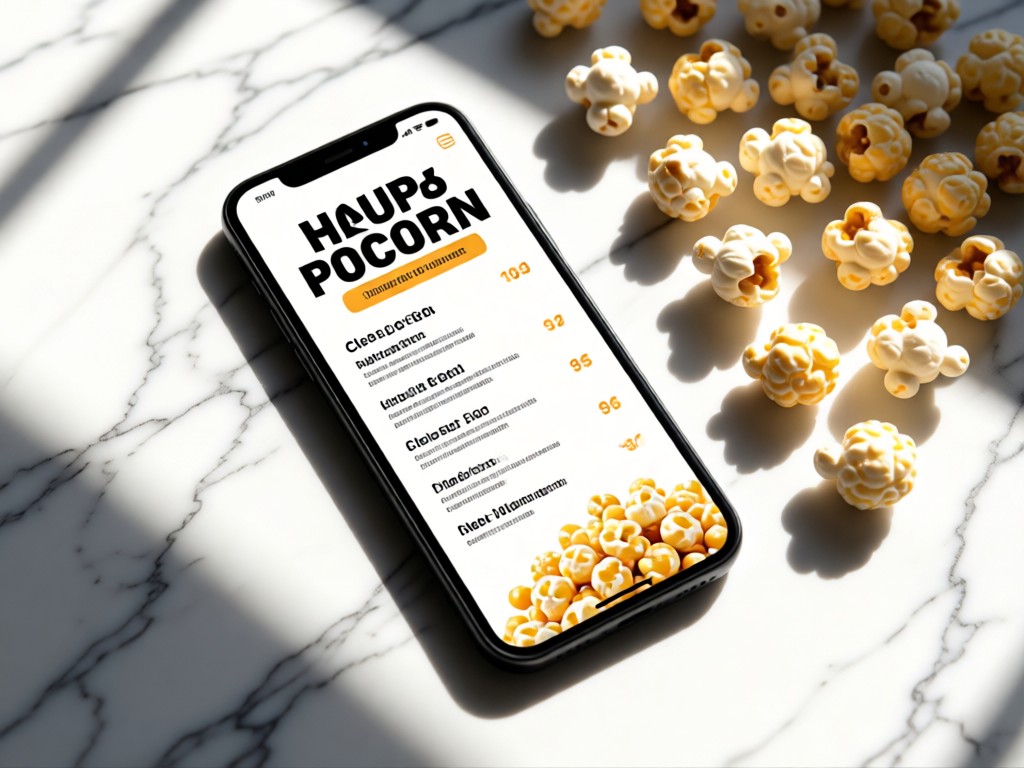Smartphone mockup displaying a clean popcorn flavor menu beside real popcorn kernels. Sunlight creates crisp shadows on marble surface. No people.