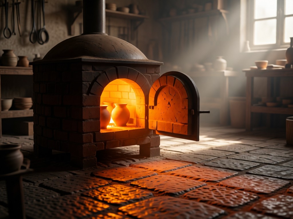 A small kiln with its door slightly ajar, revealing glowing ceramics inside. Warm orange light spills onto textured stone floor. Hazy workshop atmosphere. No people.