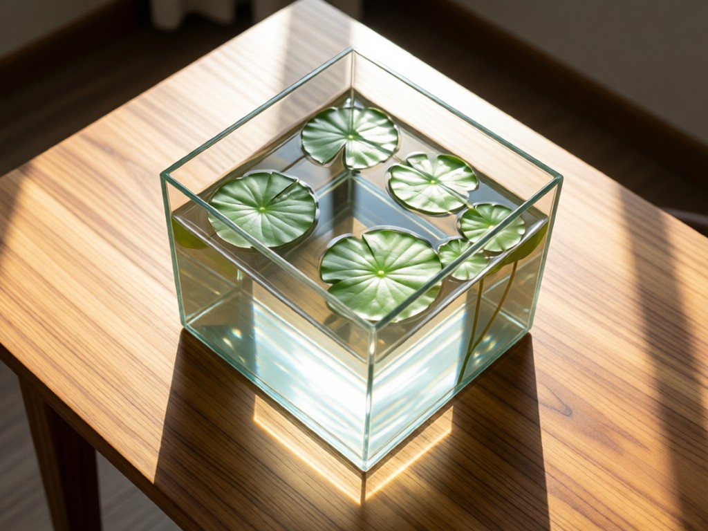 Overhead shot of a minimalist glass aquarium on a teak table. Sunlight reflects through water onto floating lotus leaves. Clean composition with negative space. No people.