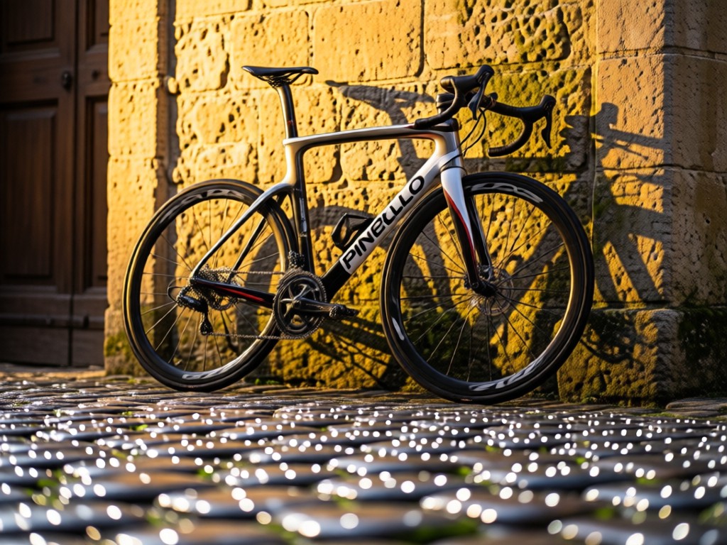 A classic Pinarello Dogma leaned against weathered stone in golden light. Dew-covered cobblestones in foreground, shallow depth of field. Epitomizes heritage and performance. No people.