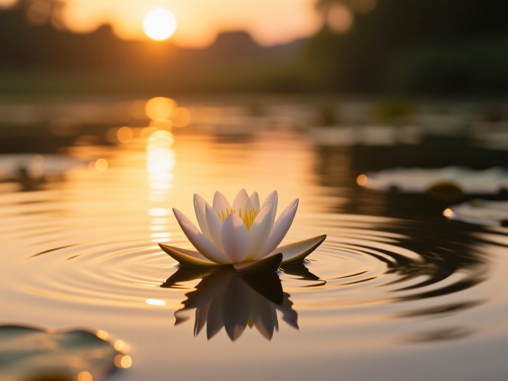 A single lotus flower floating in a still pond at sunset, golden light reflecting on water ripples, symbolizing growth and tranquility, soft focus background, warm color palette, no people.