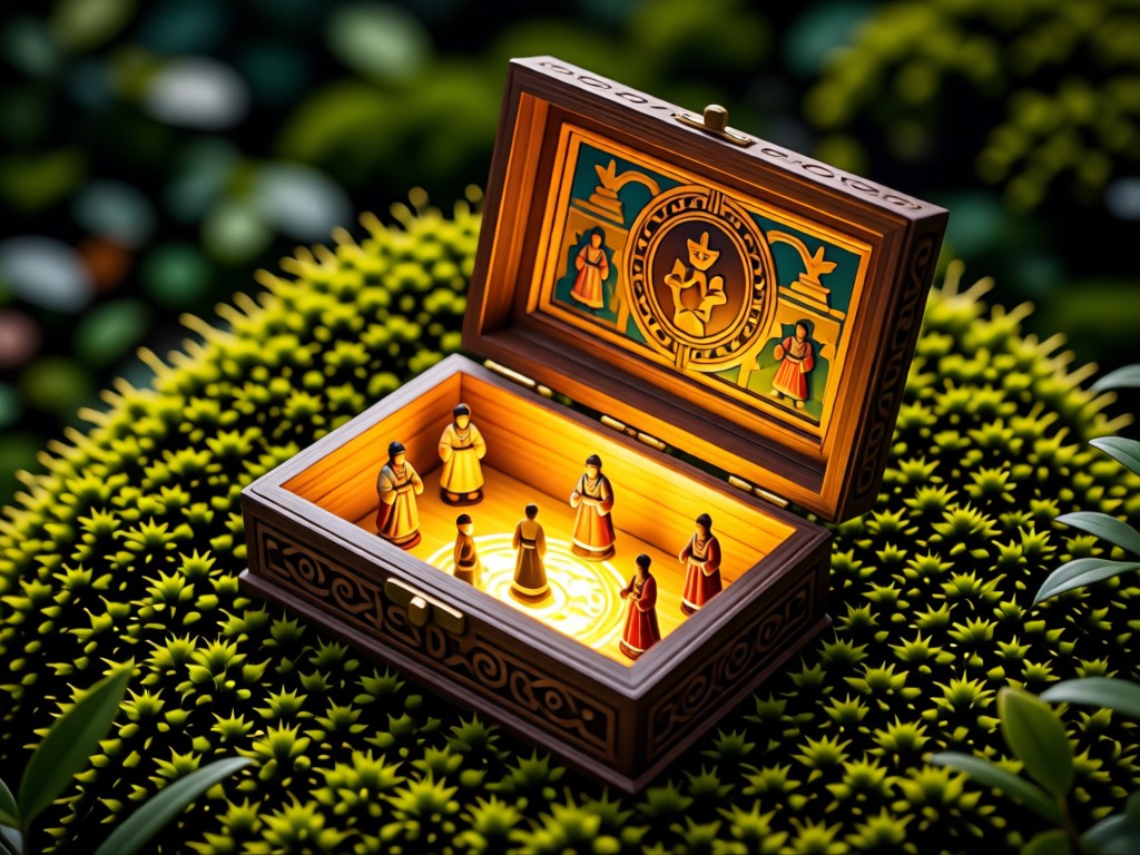 Aerial view of a single handmade Peruvian retablo box open on moss. Miniature figures inside glow in golden light. Symbolizes preserving culture in modern context. No people.