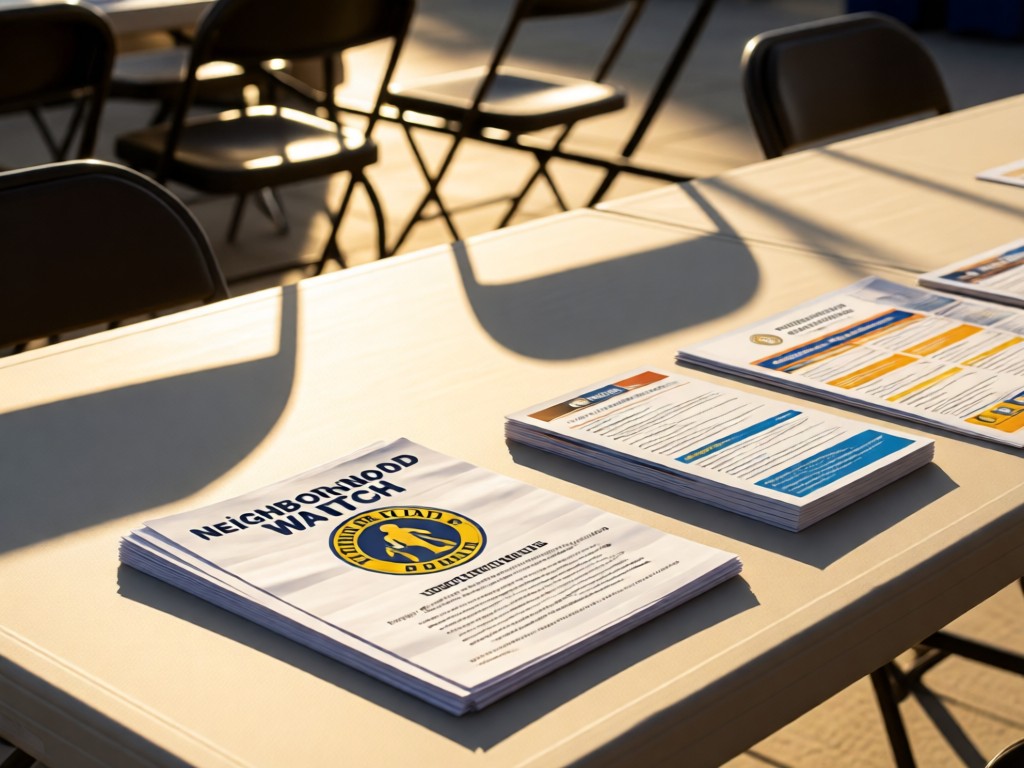 A community event table with 'Neighborhood Watch' pamphlets and safety brochures. Afternoon sun creates long shadows. Folding chairs visible in soft focus. No people.