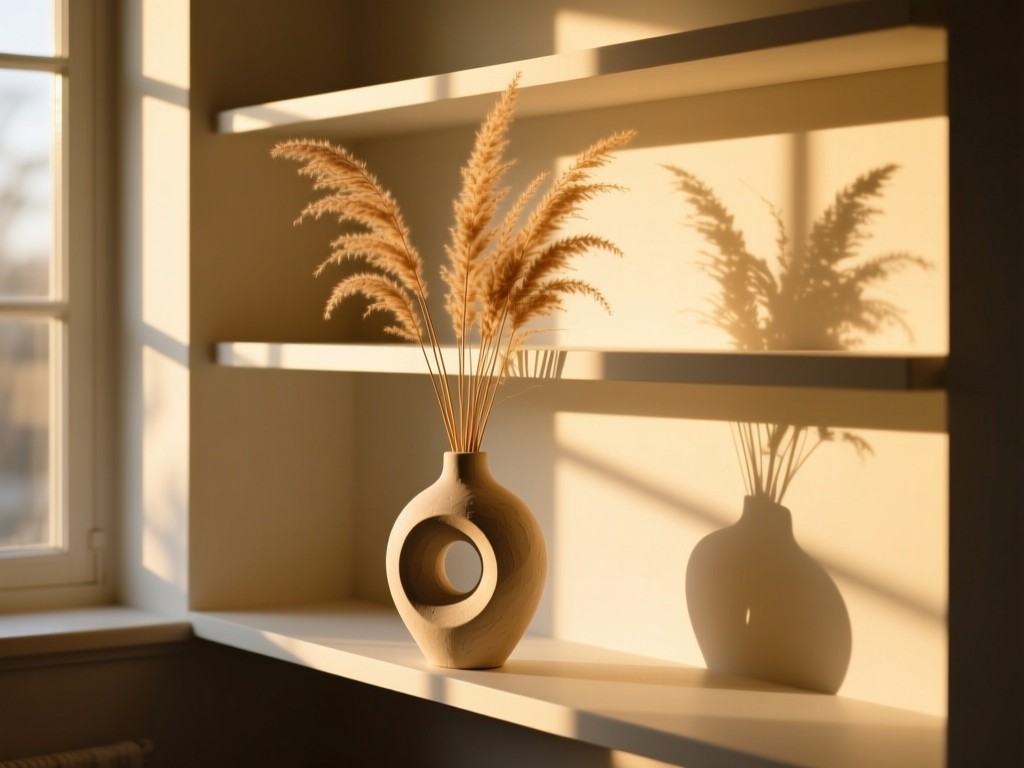 A single sculptural vase holding dried pampas grass on a sunlit windowsill, golden hour glow creating long shadows on minimalist shelves, symbolizing refined style and organic growth.