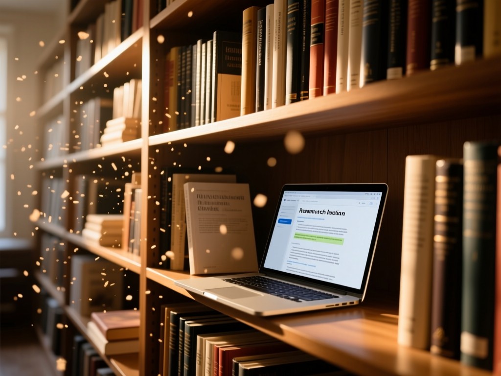 An angled view of a curated bookshelf with academic journals and a laptop showing a research abstract. Warm backlight creates depth through floating dust particles. No people.