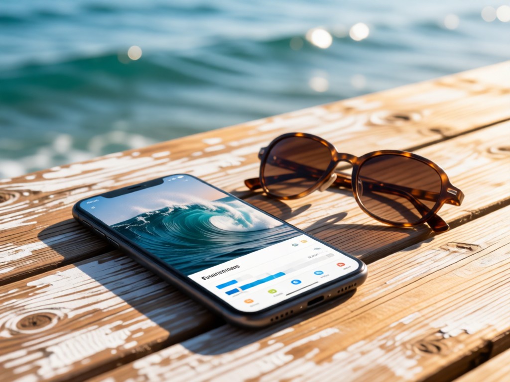 A smartphone displaying a wave portfolio beside a pair of sunglasses on sun-bleached wood. Ocean visible in soft-focus background. Warm natural lighting, no people.