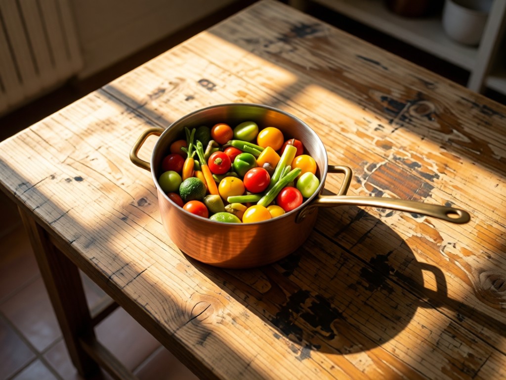 Aerial view of a single copper saucepan centered on a weathered kitchen table, filled with colorful seasonal vegetables. Late afternoon sun creates long shadows. Symbolizes curated quality. No people.
