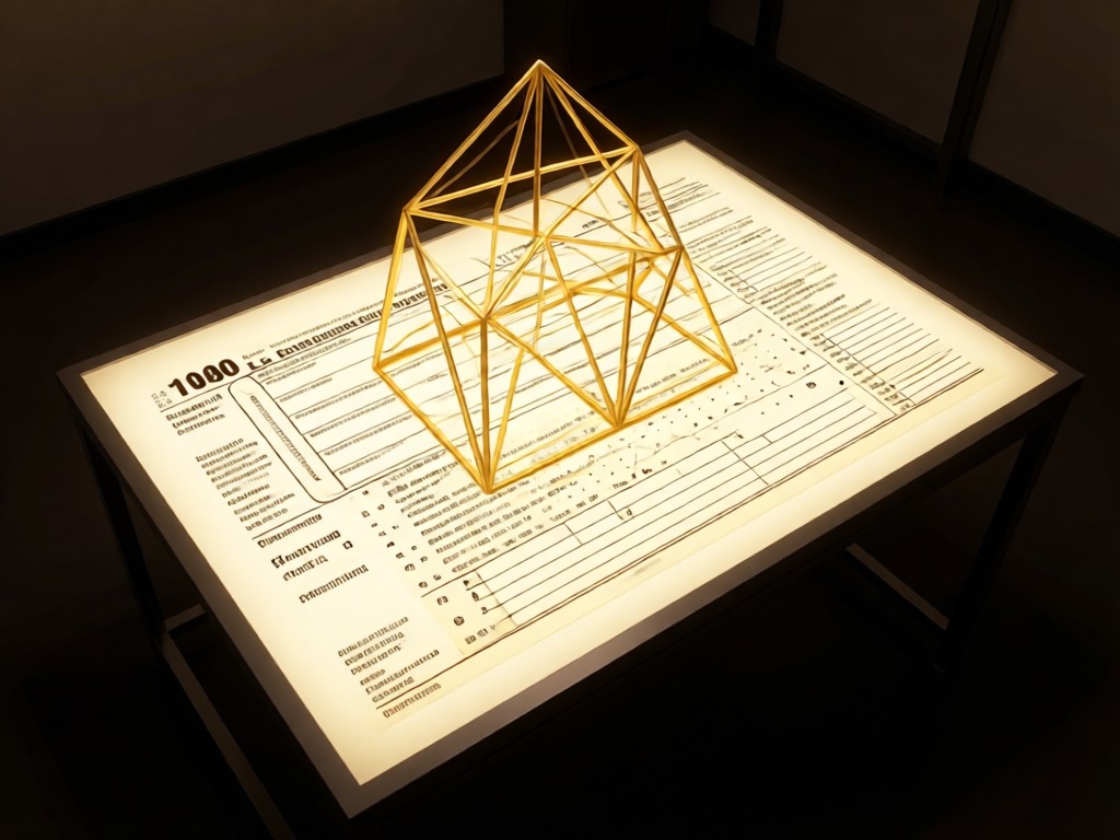 An aerial shot of a precise, geometric tax form sculpture on a lightbox table, glowing softly in a dim room. Crisp lines represent accuracy. Warm gold accents symbolize premium service. No people.
