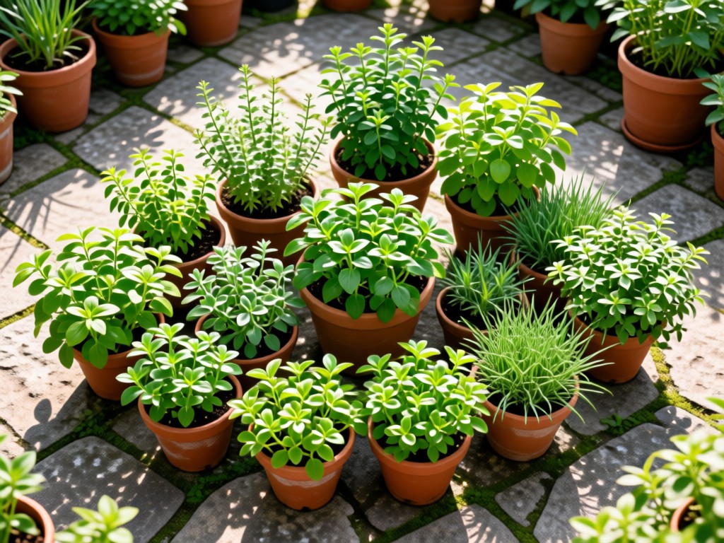 Overhead shot of a curated arrangement of potted herbs on a stone patio. Varied textures and green hues in soft sunlight. No people.