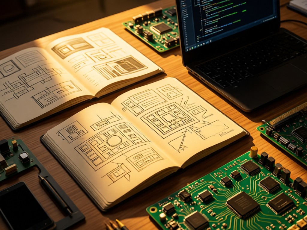 Overhead shot of coding notebooks open beside circuit boards. Golden light highlights technical sketches and components. Warm, aspirational tech atmosphere. No people.