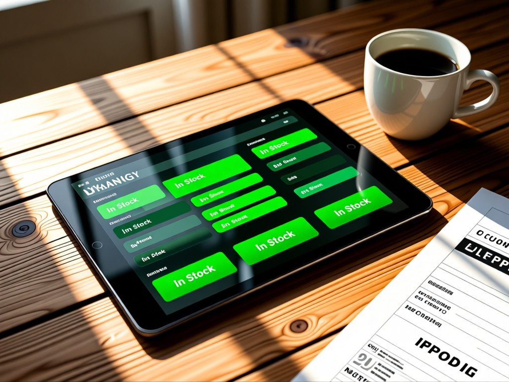 A tablet displaying a clean inventory dashboard on a rustic wooden desk. Sunlight highlights green 'In Stock' indicators. A coffee cup and shipping manifest sit beside it. Warm morning ambiance. No people.