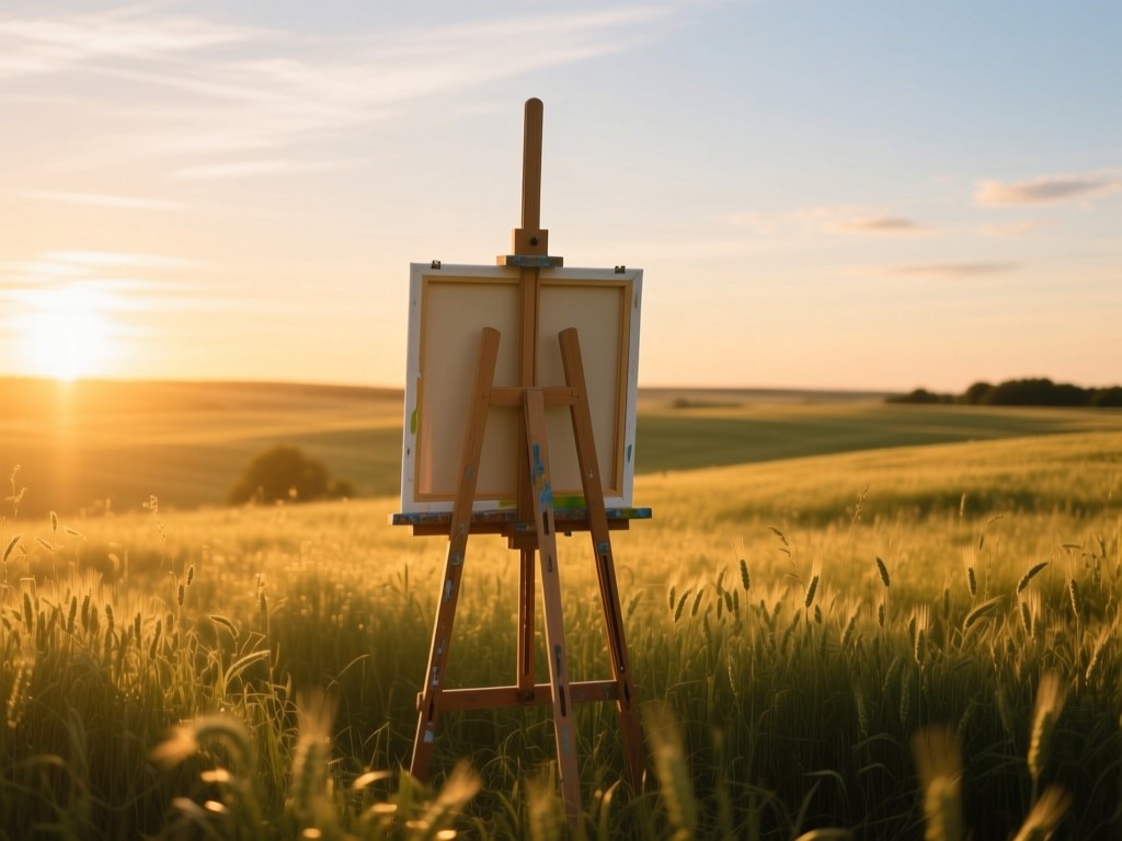 A lone artist's easel standing in a sun-drenched meadow at golden hour. Canvas faces away, implying focus on the creator’s vision. Endless sky emphasizes potential reach. No people.
