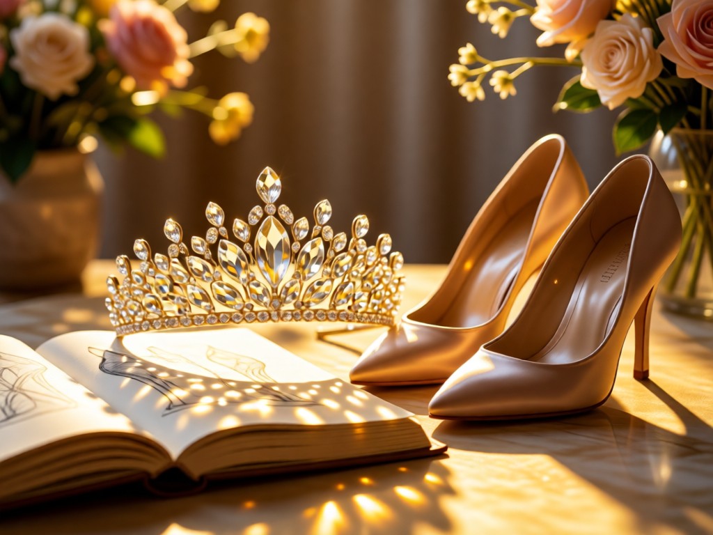 A tasteful composition of a crystal tiara and satin heels beside an open sketchbook. Golden light creates warm reflections. Soft focus background with floral elements. No people.