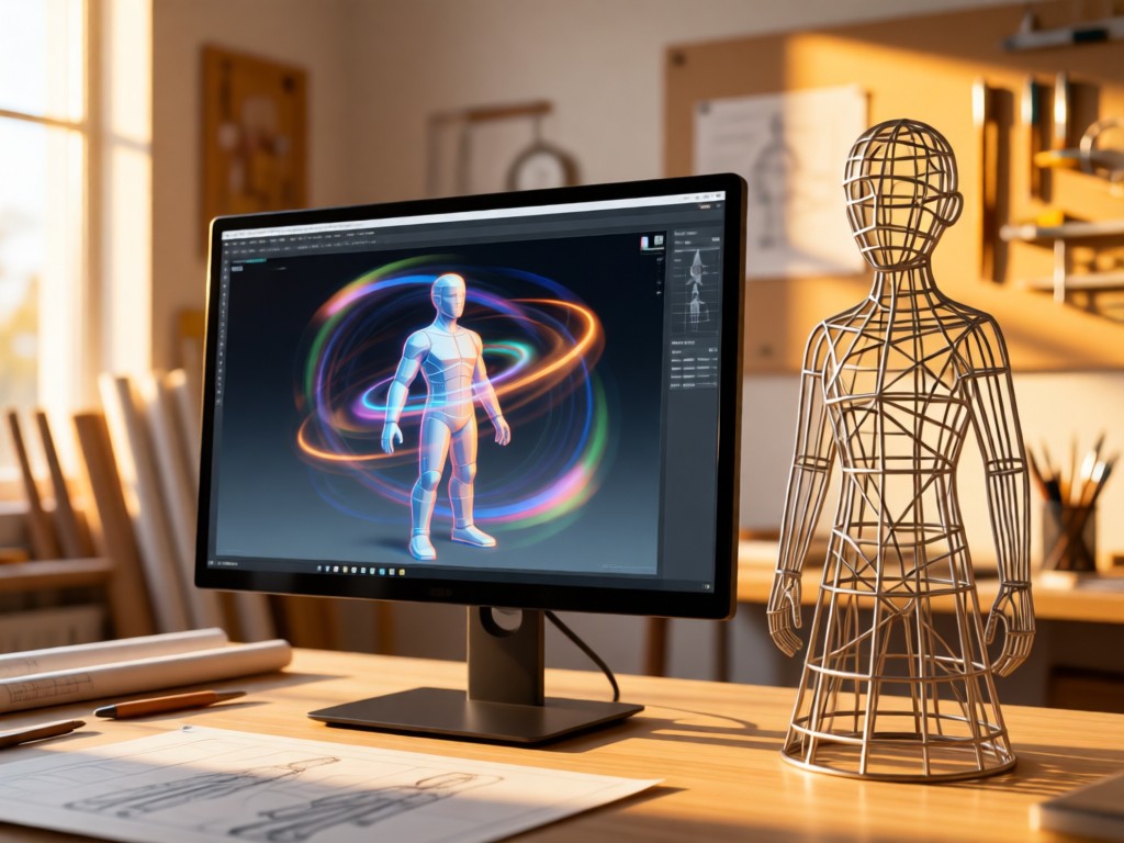 A sleek monitor displaying rotating 3D character models. Beside it, a stylized wireframe sculpture catches afternoon light. Soft focus background shows drafting tools. Golden hour lighting. No people.