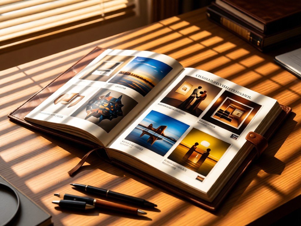 A leather-bound portfolio book open on a desk, showing protected gallery thumbnails. Sunlight through blinds creates striped shadows. No people.