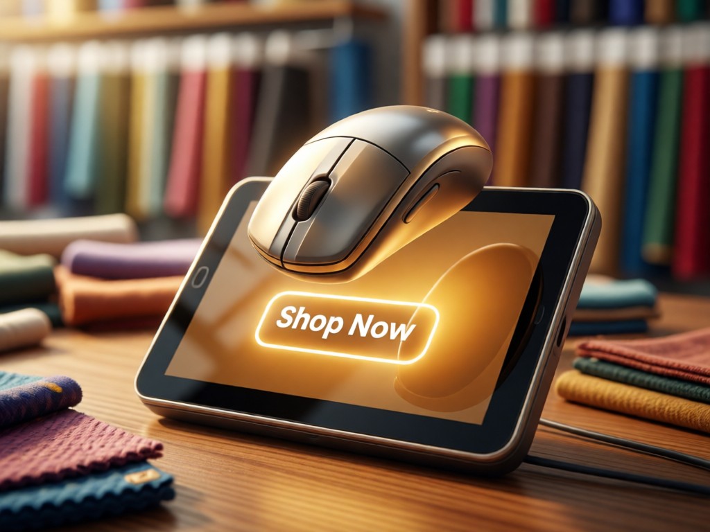 A computer mouse hovering over a 'Shop Now' button on a petite fashion website. Warm light highlights the screen against a blurred background of textile samples. No people.