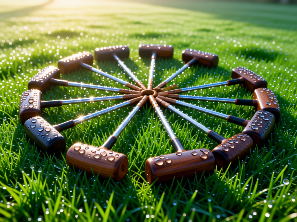 Interlocking polo mallets forming a circle on emerald grass. Morning dew glistens on the mallet heads. Symbolic unity. No people.