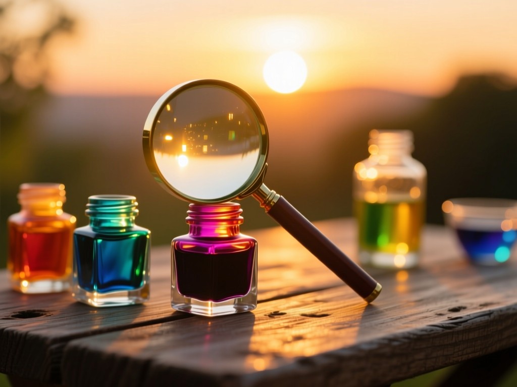 A magnifying glass over vibrant ink bottles at sunset, light refracting through colored glass onto a rustic table, shallow depth of field, golden hour glow, no text or human elements.